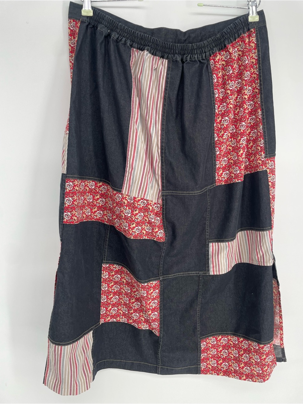 80s 90s Koos Of Course! Patchwork Denim Style Midi Skirt Elastic Waist Cotton - Picture 10 of 15